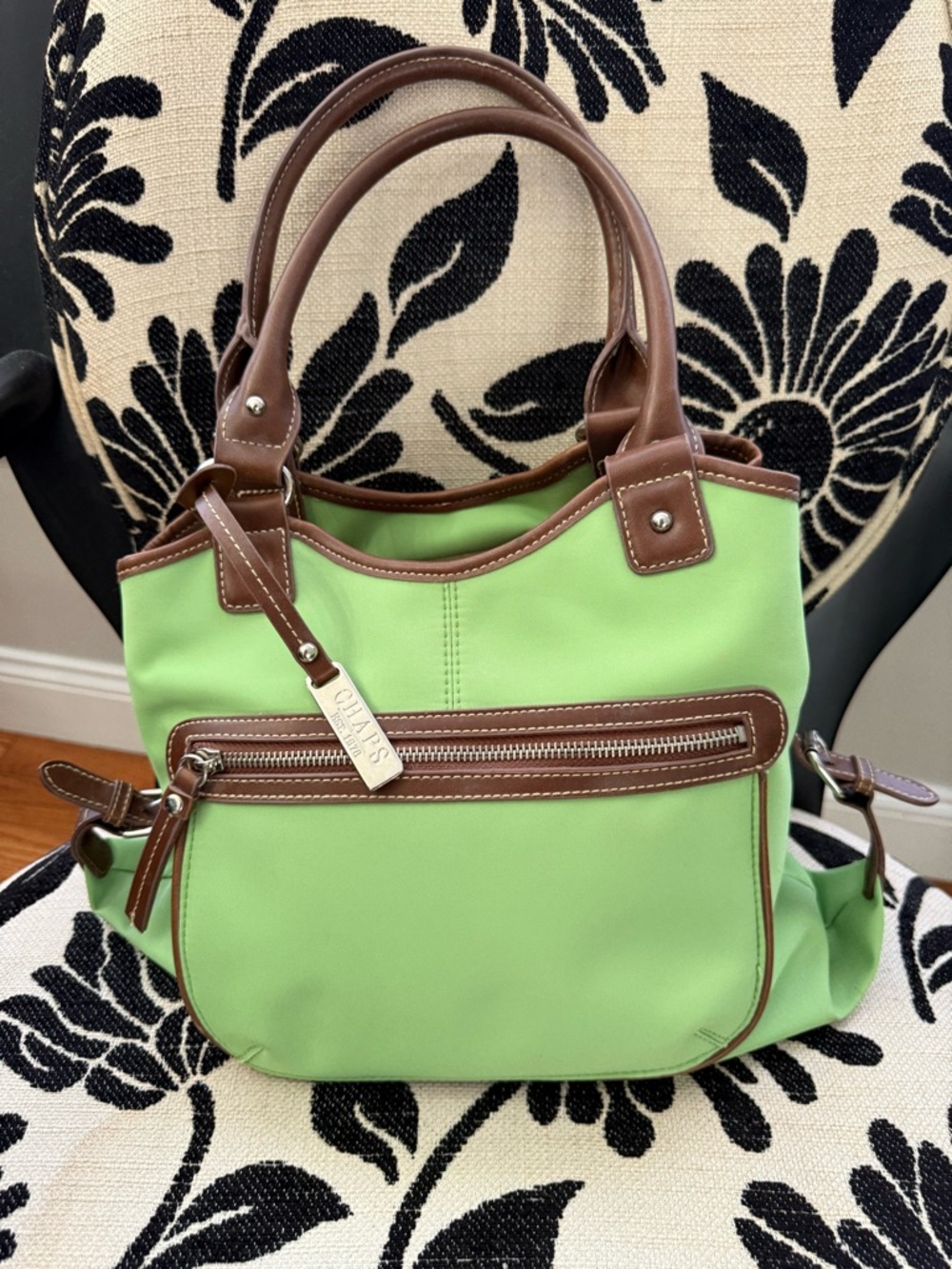 Chaps Nylon Tote Handbag in Apple Green with Brown Leather Trim Kohl’s